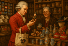 موتزارت در حال خرید سوغات اتریش از فروشگاهی سنتی در وین - اثر Sora