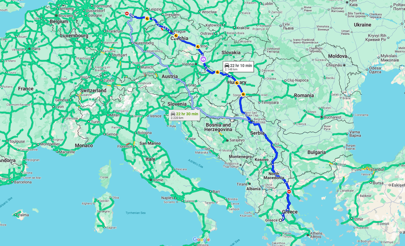 نقشه مسیر قطار از یونان به آلمان